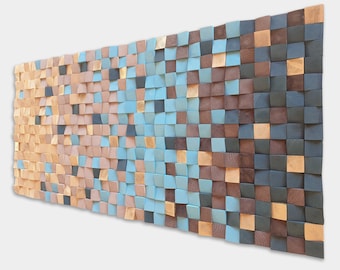 Grande oeuvre d'art murale en bois marron et turquoise, mosaïque unique pour intérieurs rustiques et modernes, oeuvre d'art murale en bois originale pour décoration intérieure