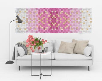 Large Pink Gold & White Wood Mosaic – Modern 3D Wall Art