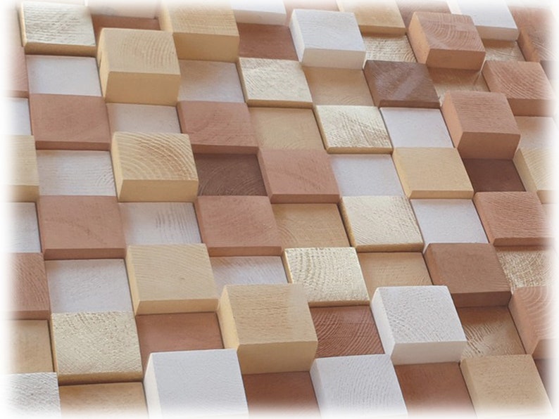 May include: A wall covered in a mosaic of small, square wooden blocks in various shades of brown, beige, and white. The blocks are arranged in a staggered pattern, creating a textured and visually interesting surface.