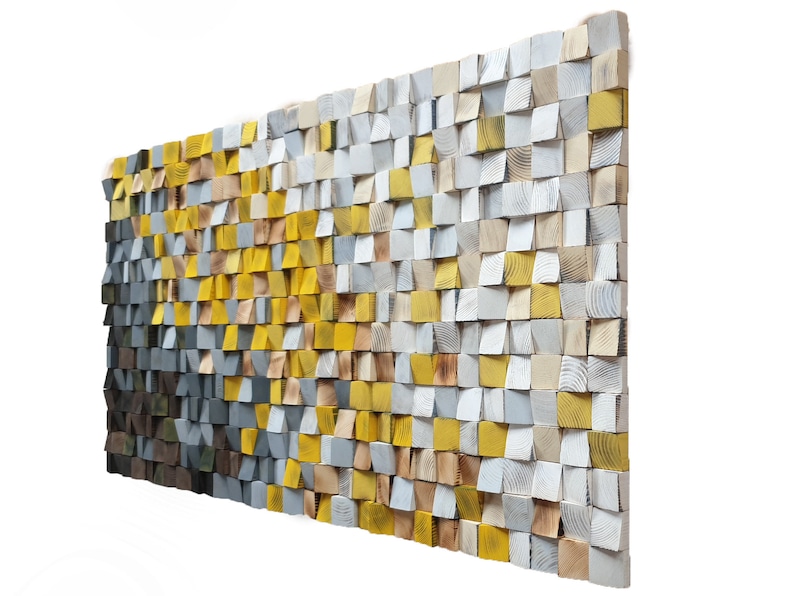 Large Modern Wood Wall Art Sculpture, Rustic Industrial Mosaic for