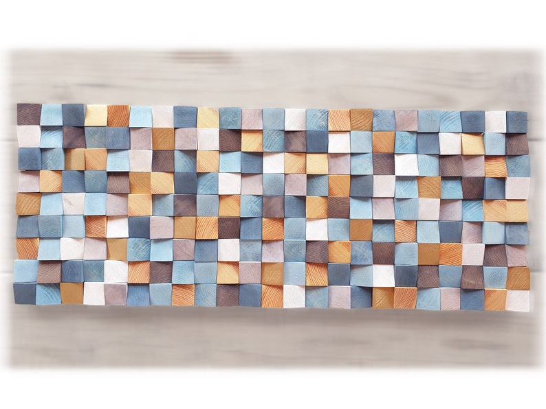 Large Wood Wall Art in Brown Blue and Gold Wood Art Wall Etsy