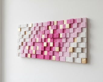 Geometric Wood Wall Art: Pink and White Wooden Panels with - Modern Sculpture