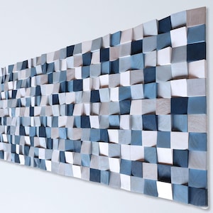Arte mural azul y blanco, escultura mural moderna de madera rústica, panel acústico
