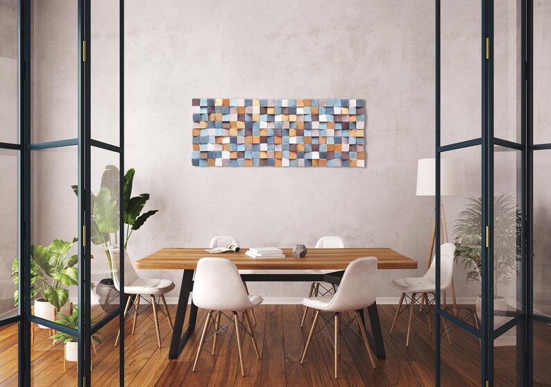Large Wood Wall Art in Brown Blue and Gold Wood Art Wall Etsy