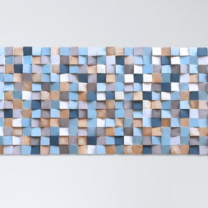 Wall art, blue and gold wood wall art for living room decor, original wooden wall sculpture, modern wood mosaic for acoustic conditioner