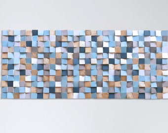 Wall art, blue and gold wood wall art for living room decor, original wooden wall sculpture, modern wood mosaic for acoustic conditioner