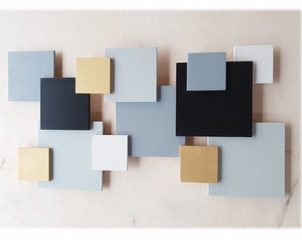 Geometric 3d wall art with squares in gray, black, white and gold; modern wood wall sculpture, abstract wood wall art for modern decor