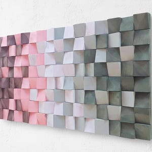 Arte mural moderno de madera rústica: Difusor acústico, mosaico marrón, gris, rosa y verde