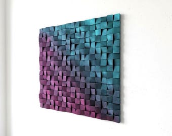 Purple Turquoise Wood Wall Sculpture — Modern 3D Mosaic Panel Art