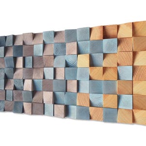 Rustic Wood Mosaic Wall Art - Handcrafted Blue and Natural Shades