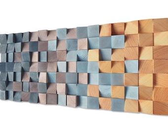 Rustic Wood Mosaic Wall Art - Handcrafted Blue and Natural Shades