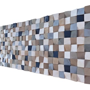 Natural Earth Tone Wood Wall Art – Rustic 3D Mosaic with Blue Accents