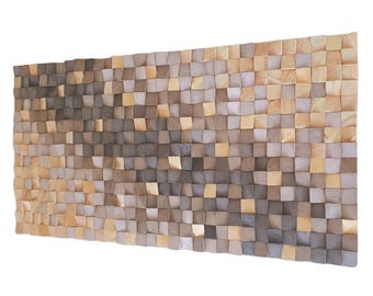 3D Wood Cube Wall Art | Sand to Brown Gradient, Gold Accents