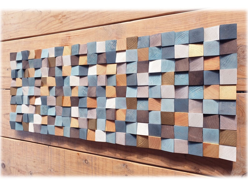 Blue and gold wood wall art for living room decor, rustic wood wall sculpture for modern decor image 5