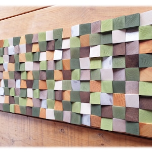 Groene en zilveren houten kunst aan de muur voor woonkamer decor, rustieke houten muur sculptuur voor moderne inrichting