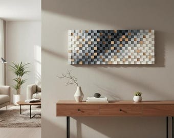 Wood Wall Art – Gray Gold 3D Wooden Mosaic Modern Wall Sculpture