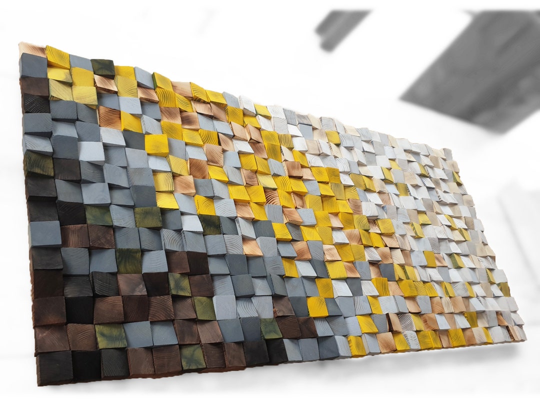 Large Modern Wood Wall Art Sculpture, Rustic Industrial Mosaic for