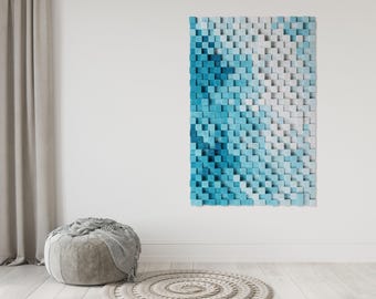 Art mural 3D en bois bleu - Mosaïque en bois abstraite, sculpture murale moderne côtière