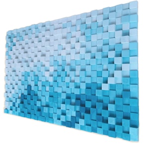 Blue wood wall art for sea house decor, large wood wall hanging in shades of blue, wood wall panel for sound diffuser, wooden sound panel