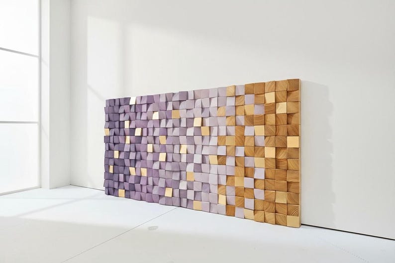 a large, colorful wall made up of numerous small square tiles in shades of purple and gold. The tiles are arranged in a visually striking pattern, creating a vibrant and eye-catching display.