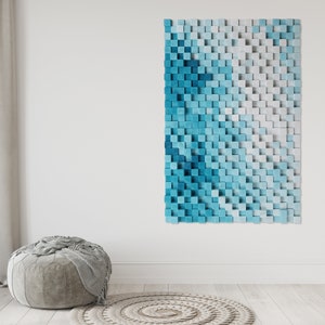 Blue wood wall art for modern home decor, Unique abstract wood wall sculpture in shades of aqua blue, gift for beach house decor