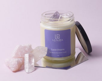 Lucid Dreams Organic Soy Wax Candle, Fruity Sweet Scent with Palo Santo & Crystal Imbed, Home Fragrance, Perfect Mother's Day Gift