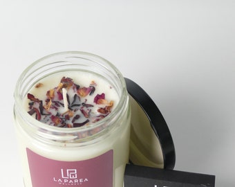 Ecuadorian Rose Candle, Organic Soy Wax Decorative Candle With Rose Petals, Non-Toxic, Sustainable and Clean Burning