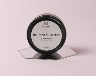 Bourbon and Leather Scented Candle, Peach & Oak Aroma, Soy Wax with Shea Butter for Massage or Skin Moisturizer - Unique Home Fragrance Gift