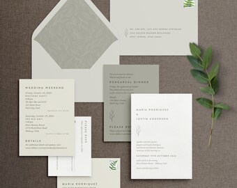 Botanical Modern Wedding Invitation Set Printed with Digital Opaque White Ink