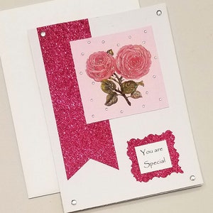 Rosa Blumen Sie sind spezielle Karte / Scrapbook Papier / Blumenkarte / für sie / einzigartig / Geschenk / funkelnde Karte / Geburtstagswünsche / rosa Glitter