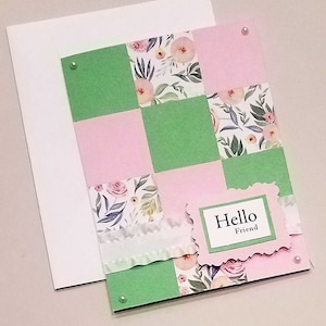 Patchwork Card / Floral / For a Girl / Pink and Green / Unique / Patchwork Quilt Card / Hello Friend / Ribbon / Briefpapier / Scrapbook Paper