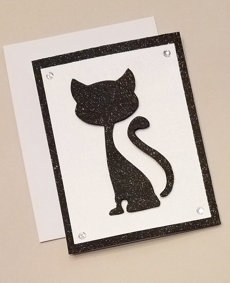 Hand-Cut Cat Any Occasion Card Note Card Black Cat Card Unique Animal Cards Sparkly Card Black and White Stationery
