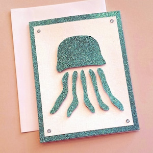 Tarjeta de Medusa hecho a mano / papel de Scrapbook / Animal tarjetas / medusas / brillante tarjeta / feliz cumpleaños / cualquier ocasión tarjeta mano corte / Teal