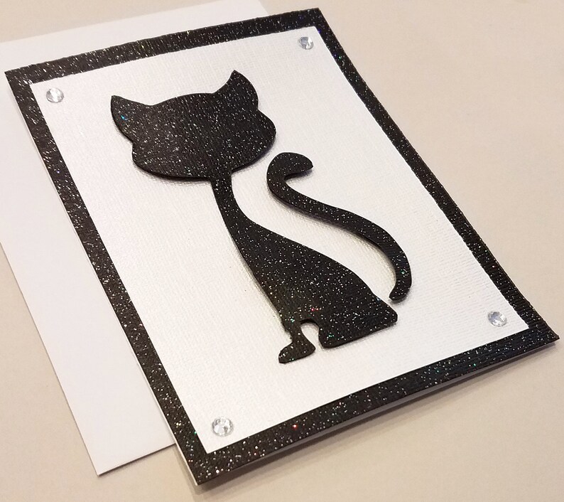 Hand-Cut Cat Any Occasion Card Note Card Black Cat Card Unique Animal Cards Sparkly Card Black and White Stationery