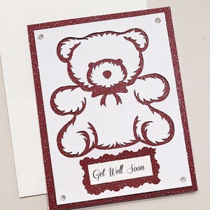 Carte de rétablissement avec un ours en peluche / Carte de sympathie avec un ours / Unique / Joli / Sympathie / Bon rétablissement / Carte de voeux scintillante / Paillettes rouges / Carte de correspondance