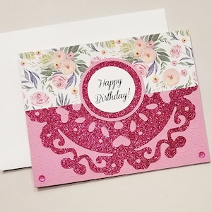 Handmade Birthday Card for a girl / Pink Flowers / Pink Glitter / Card for Her / Flower Birthday Card / Note Card / Happy Birthday