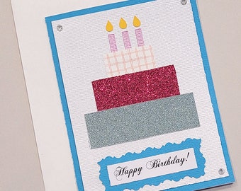 Birthday Card / Birthday Cake Card / Pink Glitter / Card for Her / Happy Birthday / Textured Paper / Sparkly Card / Celebrate / Candles