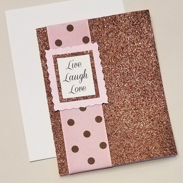 Live Laugh Love Card / Brown Glitter / Sparkly Paper / Card for Her / Polka Dot Card / Thinking About You / Thoughts / Ribbon / Shiny