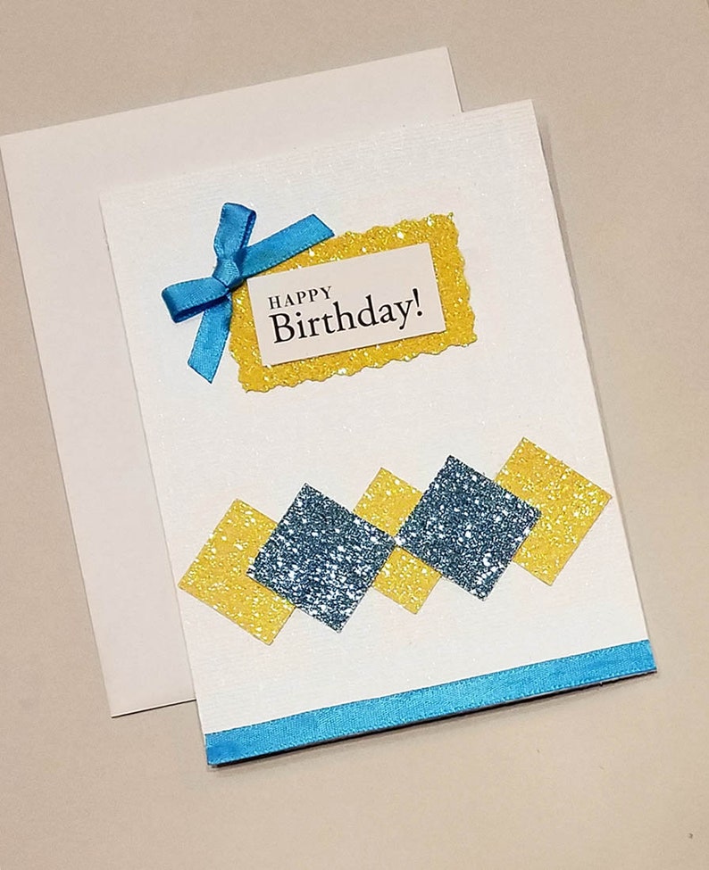 Handmade Birthday Card / Blue and Yellow Diamonds / Glitter / image 0