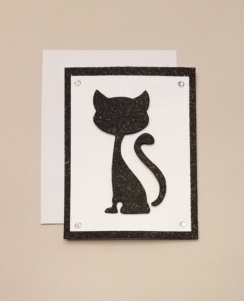 Hand-Cut Cat Any Occasion Card Note Card Black Cat Card Unique Animal Cards Sparkly Card Black and White Stationery