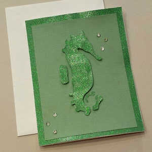 Carte pour toute occasion Hippocampe découpée à la main / Carte de correspondance / Bébé / Carte hippocampe / Unique / Cartes Animal / Carte scintillante / Vert / Papeterie / Mer