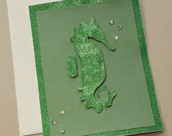 Hand-Cut Seahorse Any Occasion Card / Note Card / Baby / Seahorse Card / Unique / Animal Cards / Sparkly Card / Green / Stationery / Sea