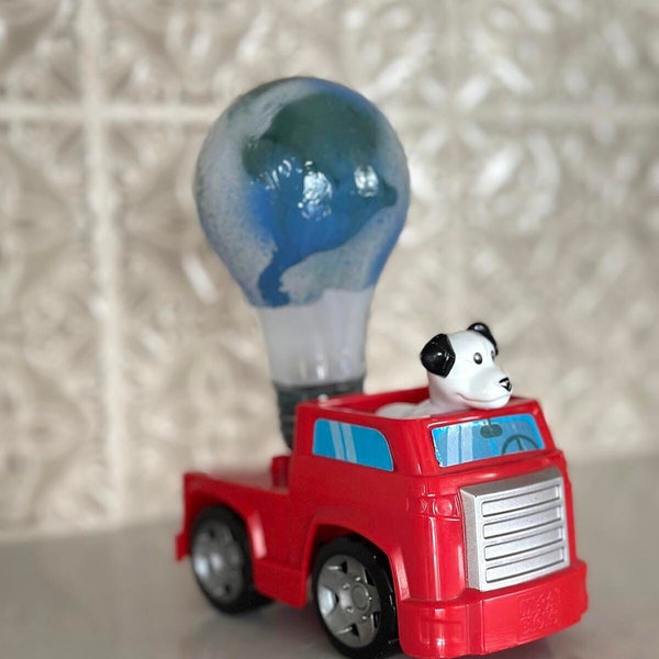 Repurposed Car Toy With Painted Lightbulb, Kid's Room, Nursery, Up Cycled, Shower Gift, Found Object Art, Truck and Dog, Resin Art