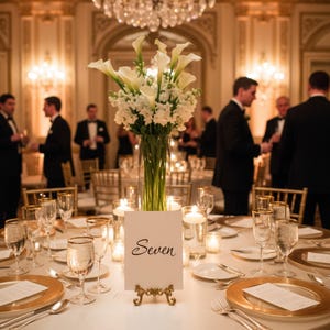 May include: Elegant table setting with white linens, gold-rimmed plates, and crystal glassware. A tall glass vase holds white calla lilies and other white flowers. A small card with the word "Seven" is displayed on a decorative stand. Candles and a chandelier add to the ambiance.