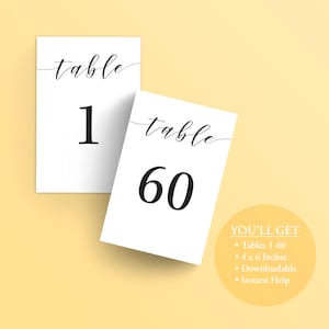 Conjunto para impressão de números de mesa preta de 1 a 60 - PDF para download instantâneo - Cartões de mesa de casamento pretos - 4 x 6 polegadas -