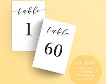 Black Table Number Printable set of 1-60 - Instant Download PDF - Wedding Table Cards Black - 4x6 inches -