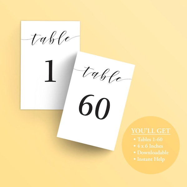 Black Table Number Printable set of 1-60 - Instant Download PDF - Wedding Table Cards Black - 4x6 inches -