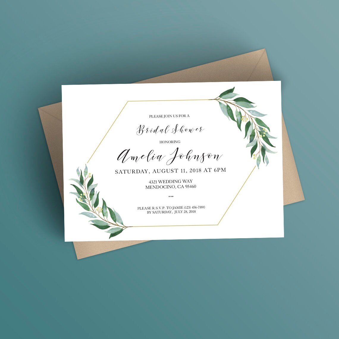 Bridal Shower Invitation Template, Eucalyptus Invitation Printable, Bridal Shower Invite, Instant Download, PDF, Gold Hexagon