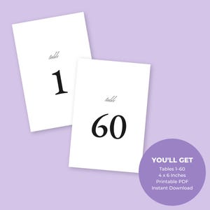 May include: Two white table number cards with black numbers 1 and 60. The word "table" is above each number in a script font. A purple circle states "YOU'LL GET Tables 1-60 4 x 6 Inches Printable PDF Instant Download."