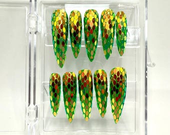Uñas postizas de escamas de dragón verde: Stiletto XL, Año Nuevo Chino